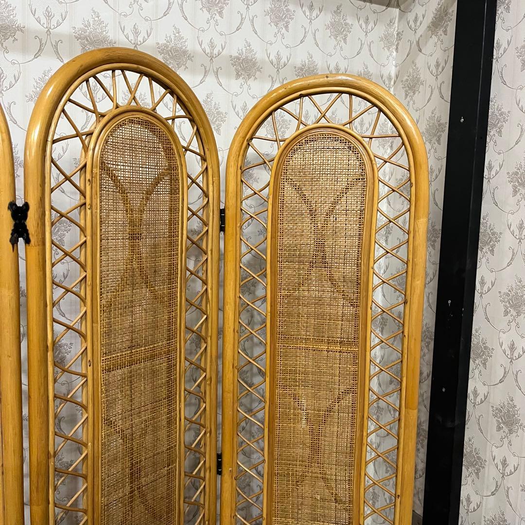 【アンティーク】籐 ラタン 3連パーテーション 間仕切り 衝立 目隠し古道具