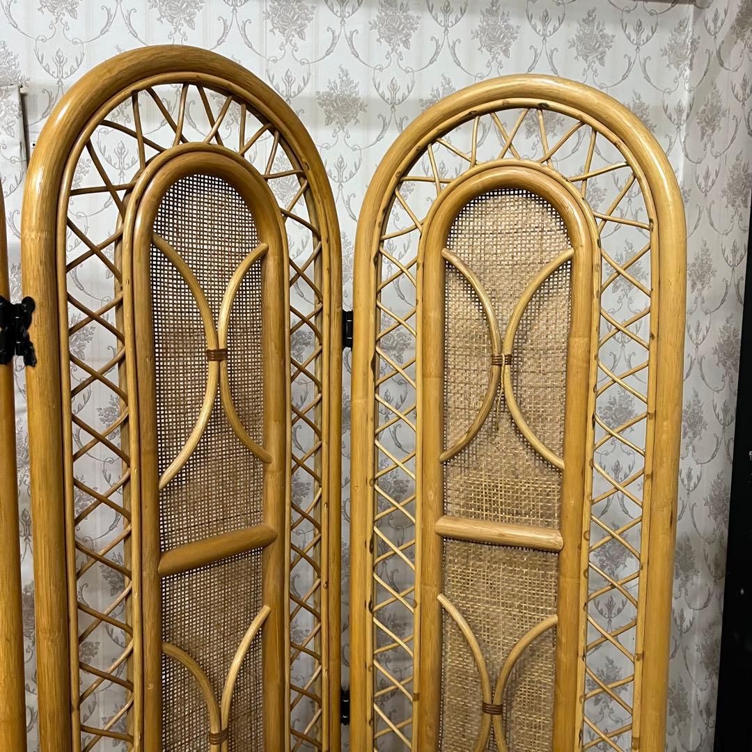 【アンティーク】籐 ラタン 3連パーテーション 間仕切り 衝立 目隠し古道具