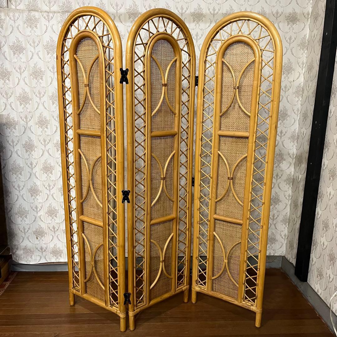 【アンティーク】籐 ラタン 3連パーテーション 間仕切り 衝立 目隠し古道具