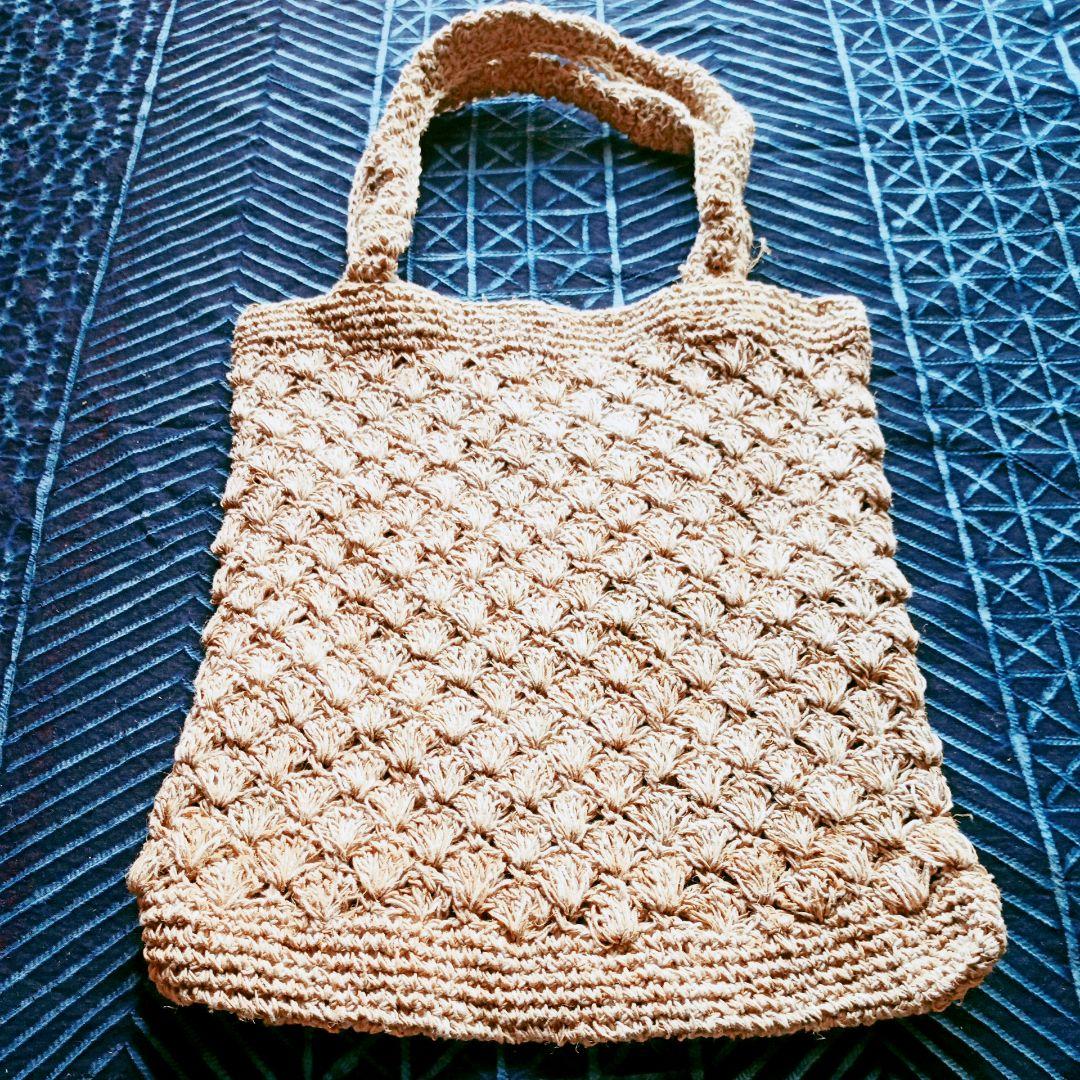手紡ぎ手編み　麻トートバック　極厚編み　ヘンプ 希少 ハンドメイドバック