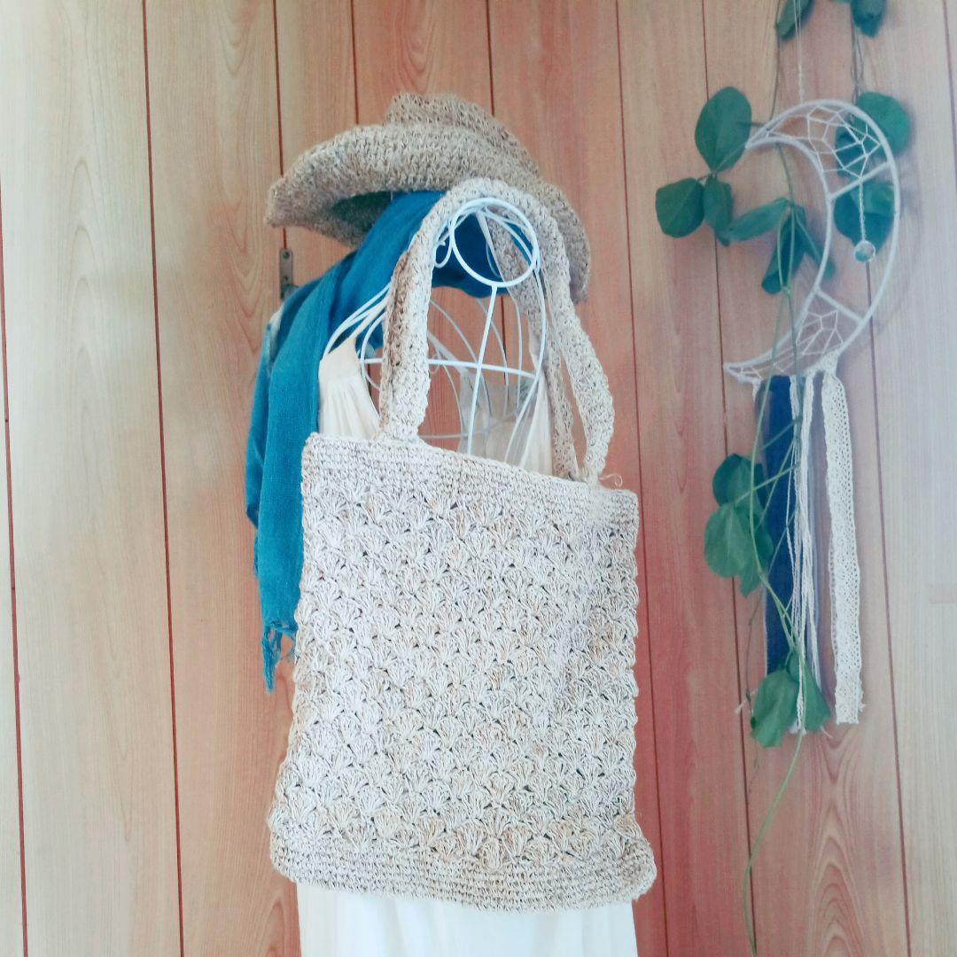 手紡ぎ手編み　麻トートバック　極厚編み　ヘンプ 希少 ハンドメイドバック