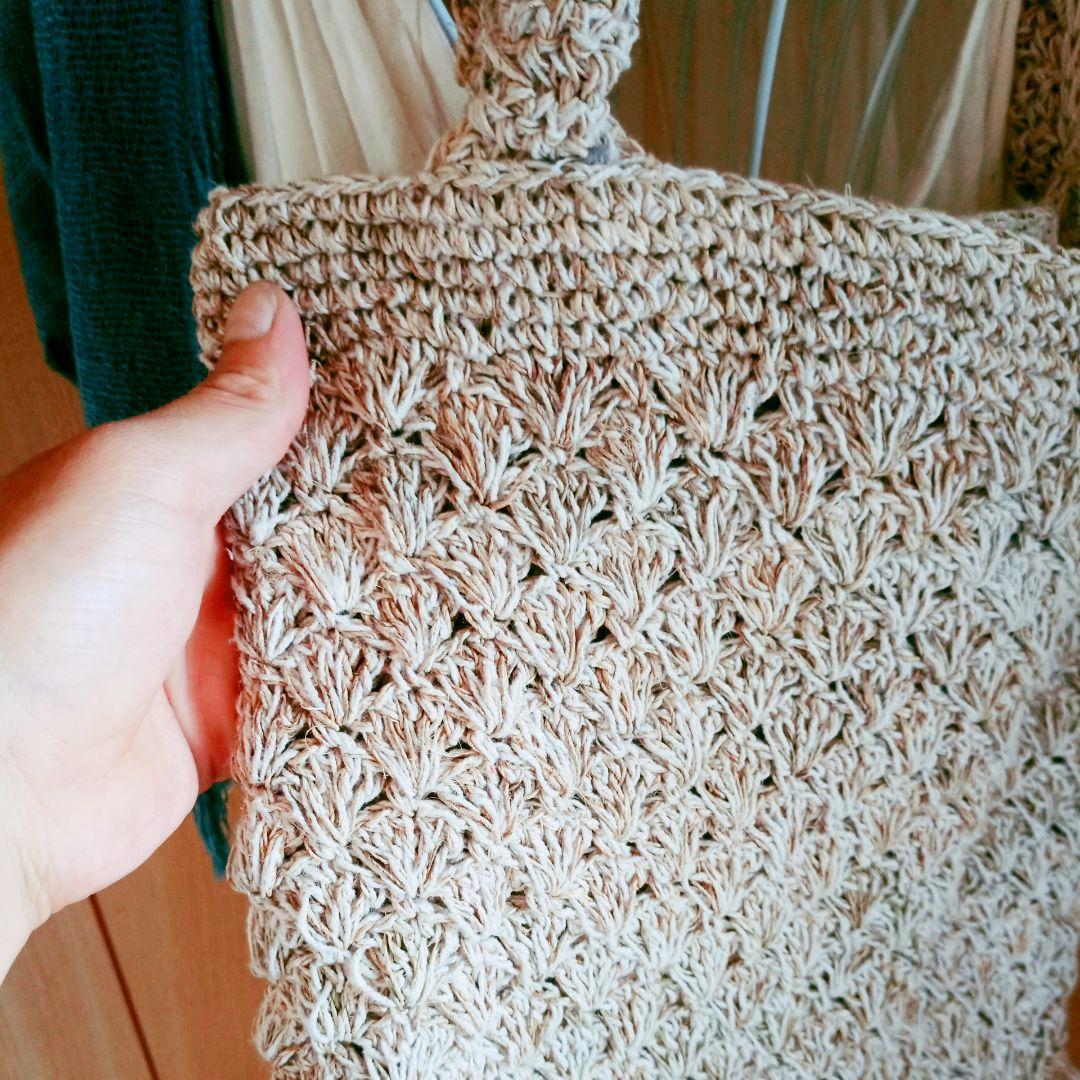 手紡ぎ手編み　麻トートバック　極厚編み　ヘンプ 希少 ハンドメイドバック