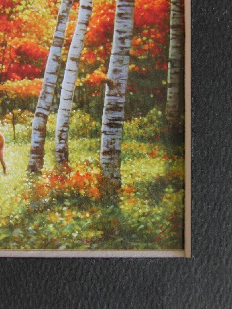 山地司、【鹿の住む森-7】、希少な額装用画集より、状態良好、新品額装付