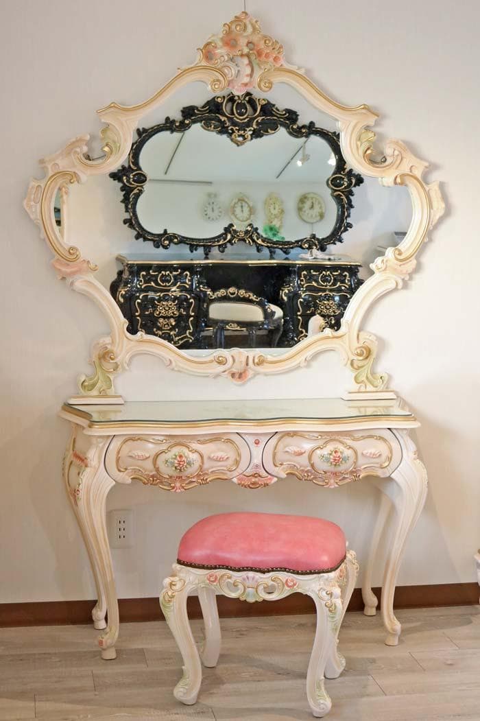 ロココ調 壁掛けミラー ワイドミラー 鏡 完成品 猫脚 姫家具