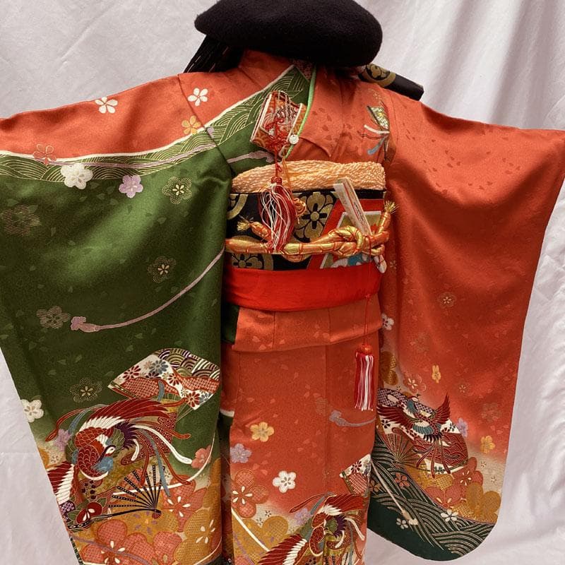 504ag79◎七五三 七歳 女児 着物&袋帯&長襦袢 鳳凰扇梅 金彩 刺繍◎