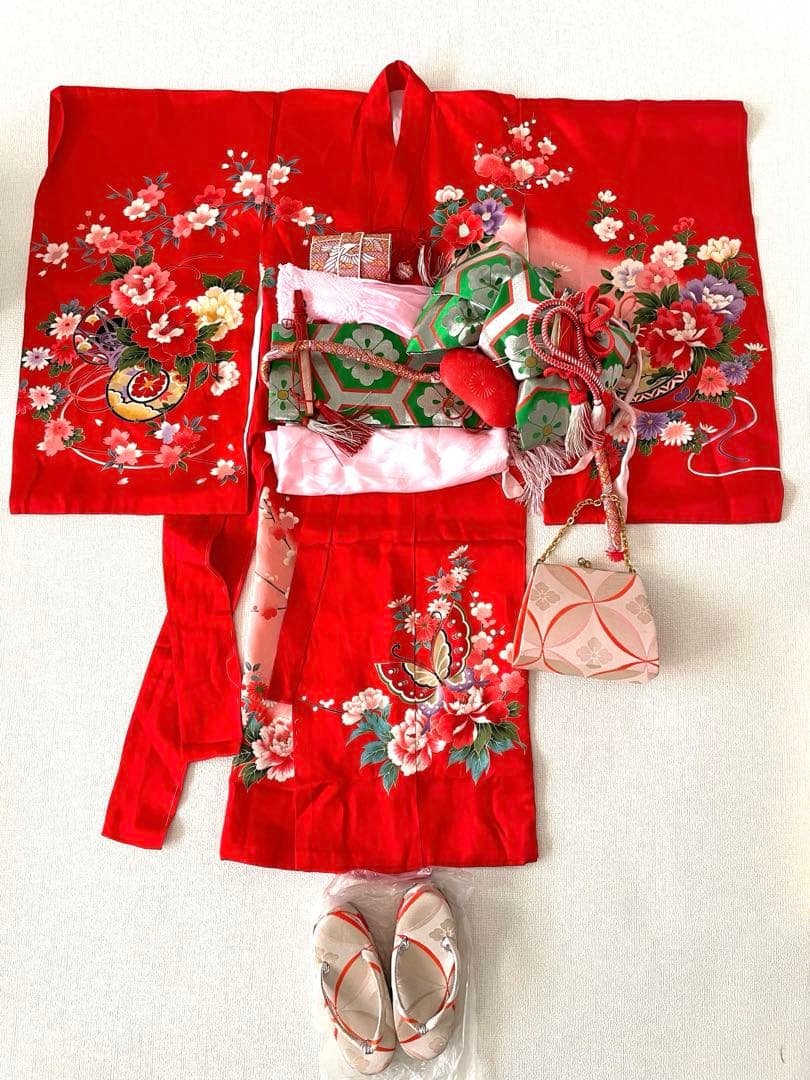 【処分価格❗️】アンティーク 七五三　着物 作り帯 小物一式 フルセット 赤　手毬
