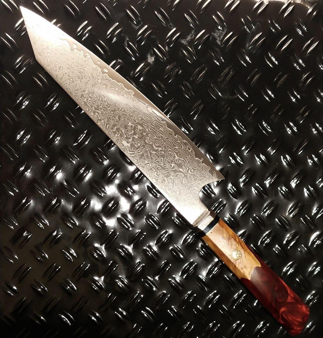 プレゼント付き　V金10号　ダマスカス包丁　ワインレッド柄　剣型　牛刀　三徳