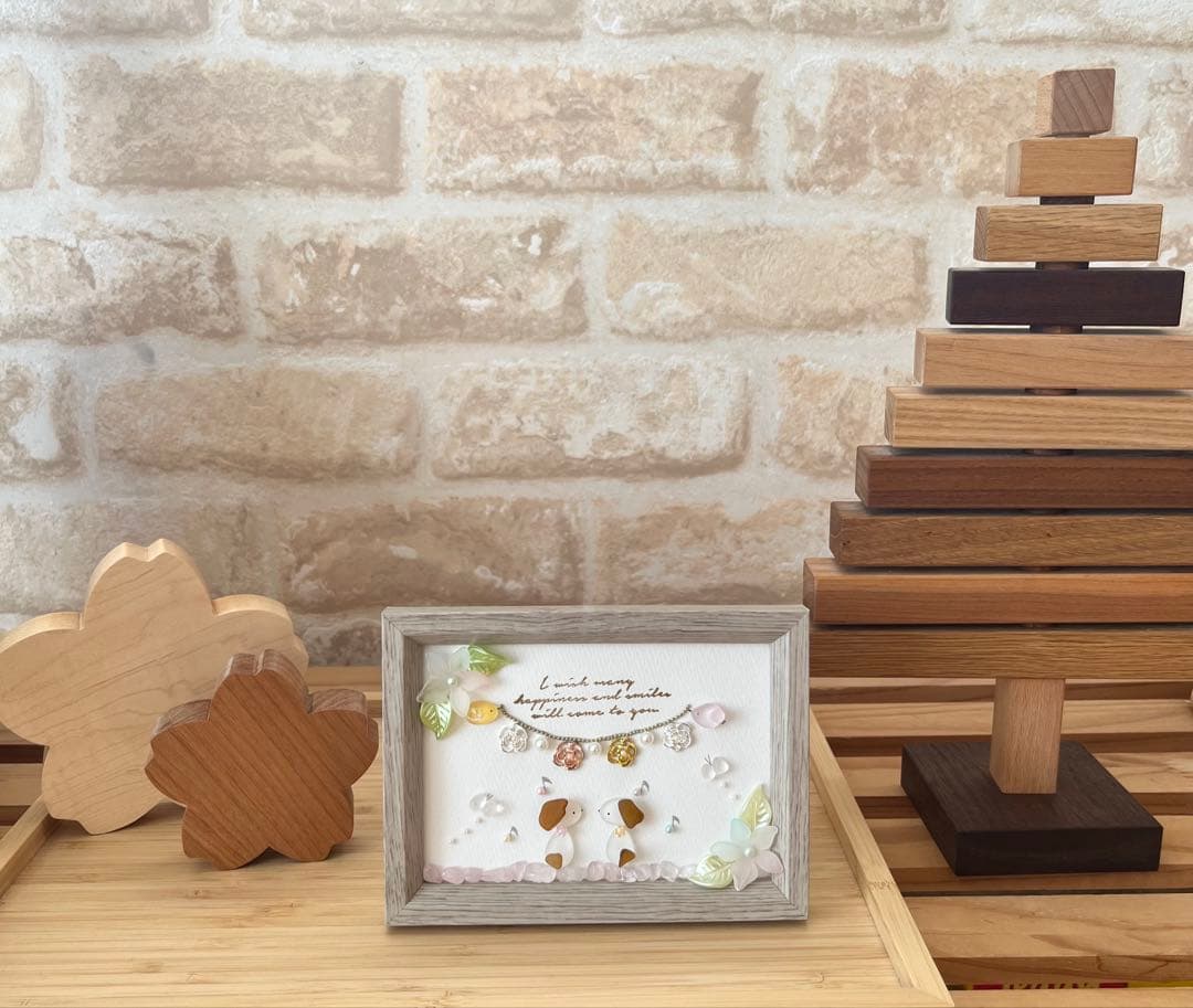 シーグラスアート　♡仲良しわんちゃん♡ 犬　夫婦　カップル　鳥　花