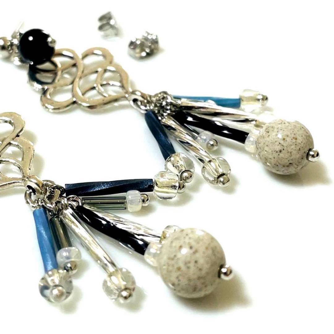 高品質AAA北投石とオニキスのエターナル メタルプレート ポストピアス シルバー