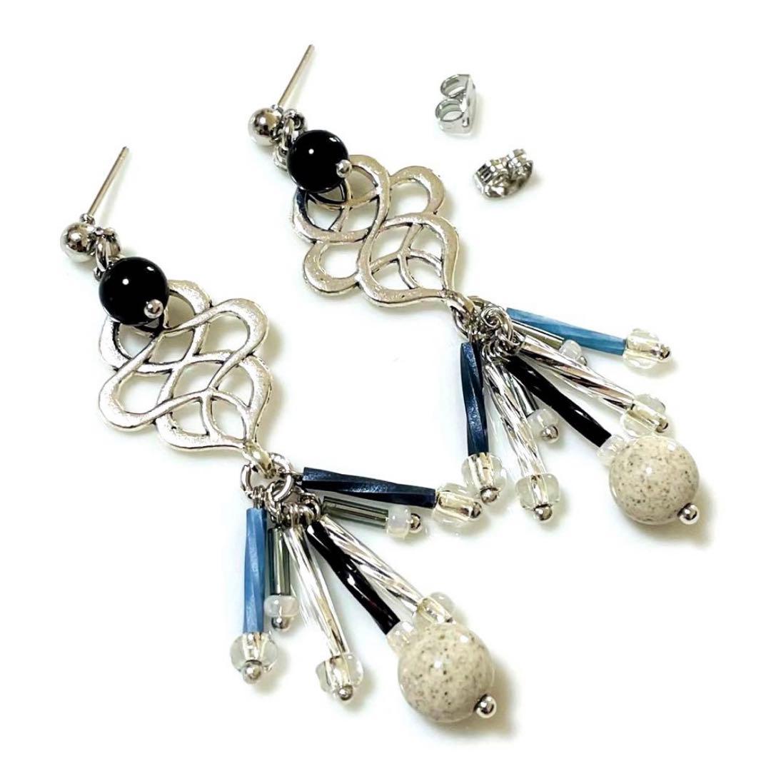 高品質AAA北投石とオニキスのエターナル メタルプレート ポストピアス シルバー