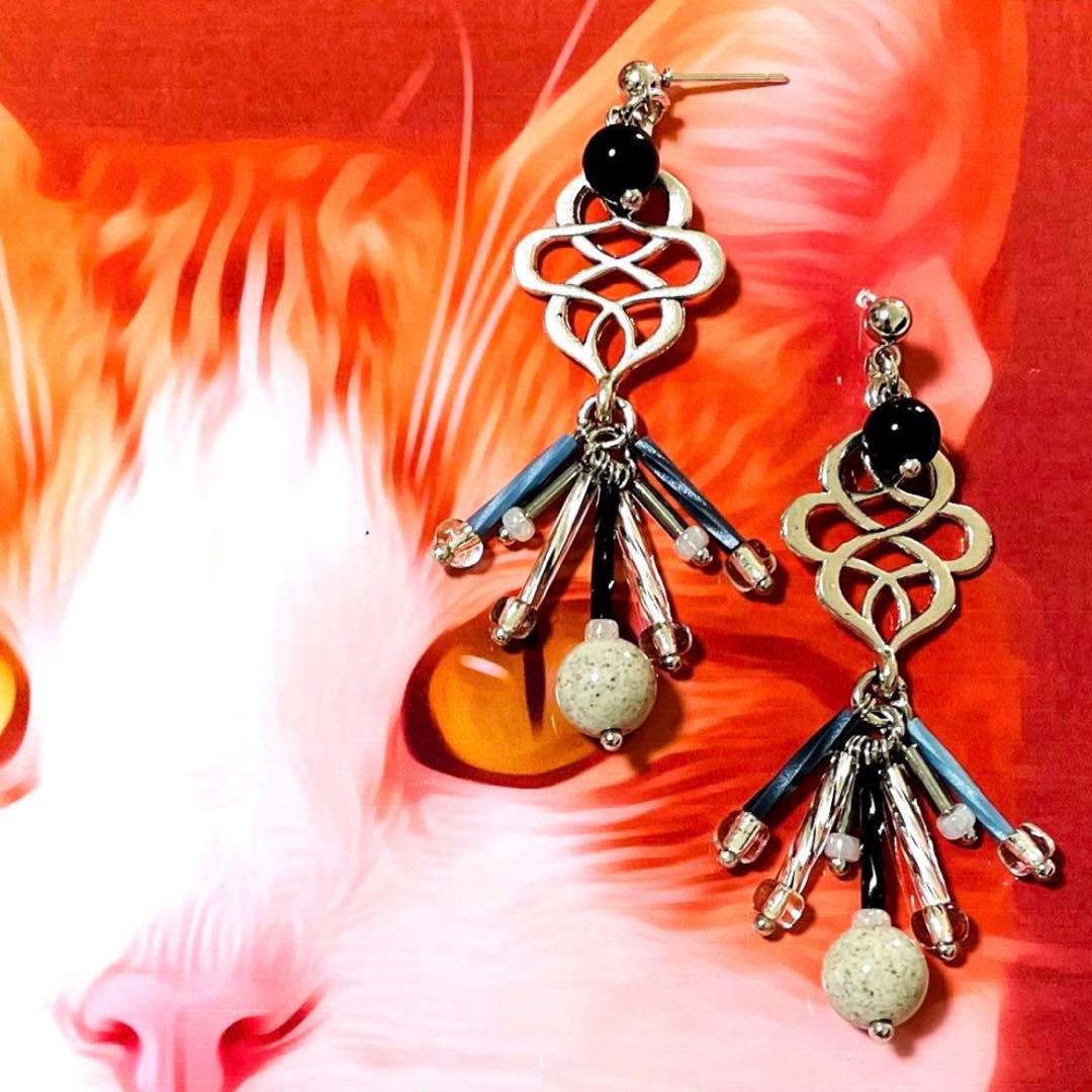 高品質AAA北投石とオニキスのエターナル メタルプレート ポストピアス シルバー