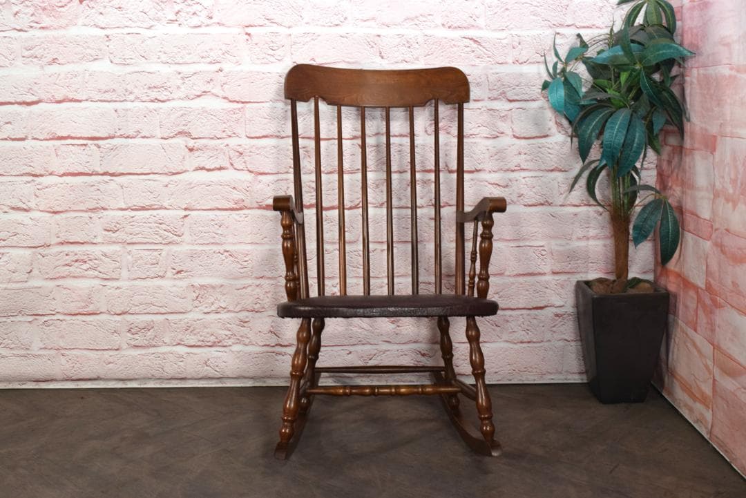 アンティーク ロッキングチェア 座面クッション付き 鋲打ち 飛騨家具