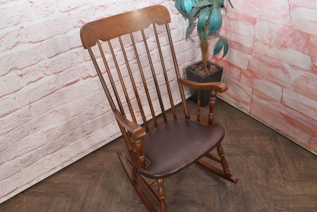 アンティーク ロッキングチェア 座面クッション付き 鋲打ち 飛騨家具