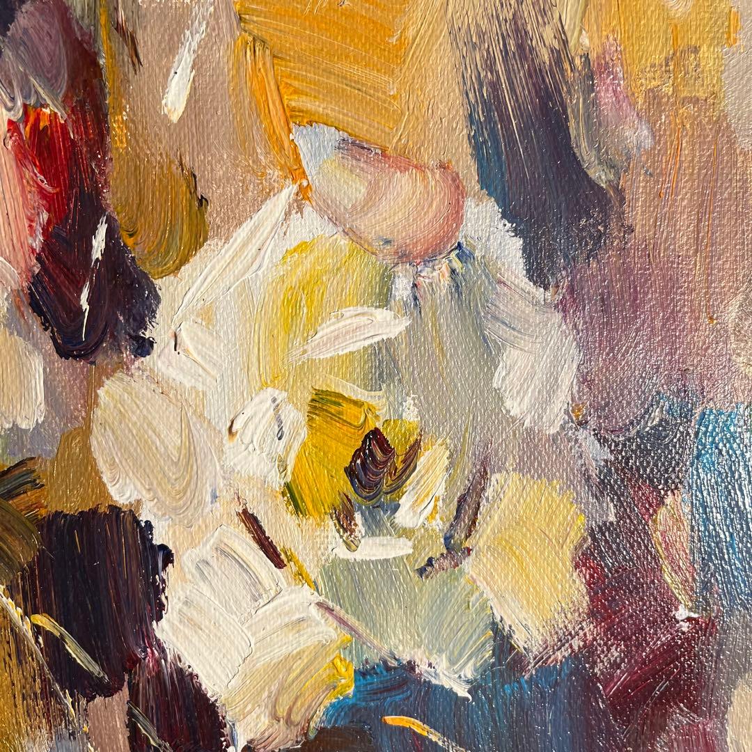 ★秀作★手書き油絵 白花 額付 絵画 インテリア 油彩画