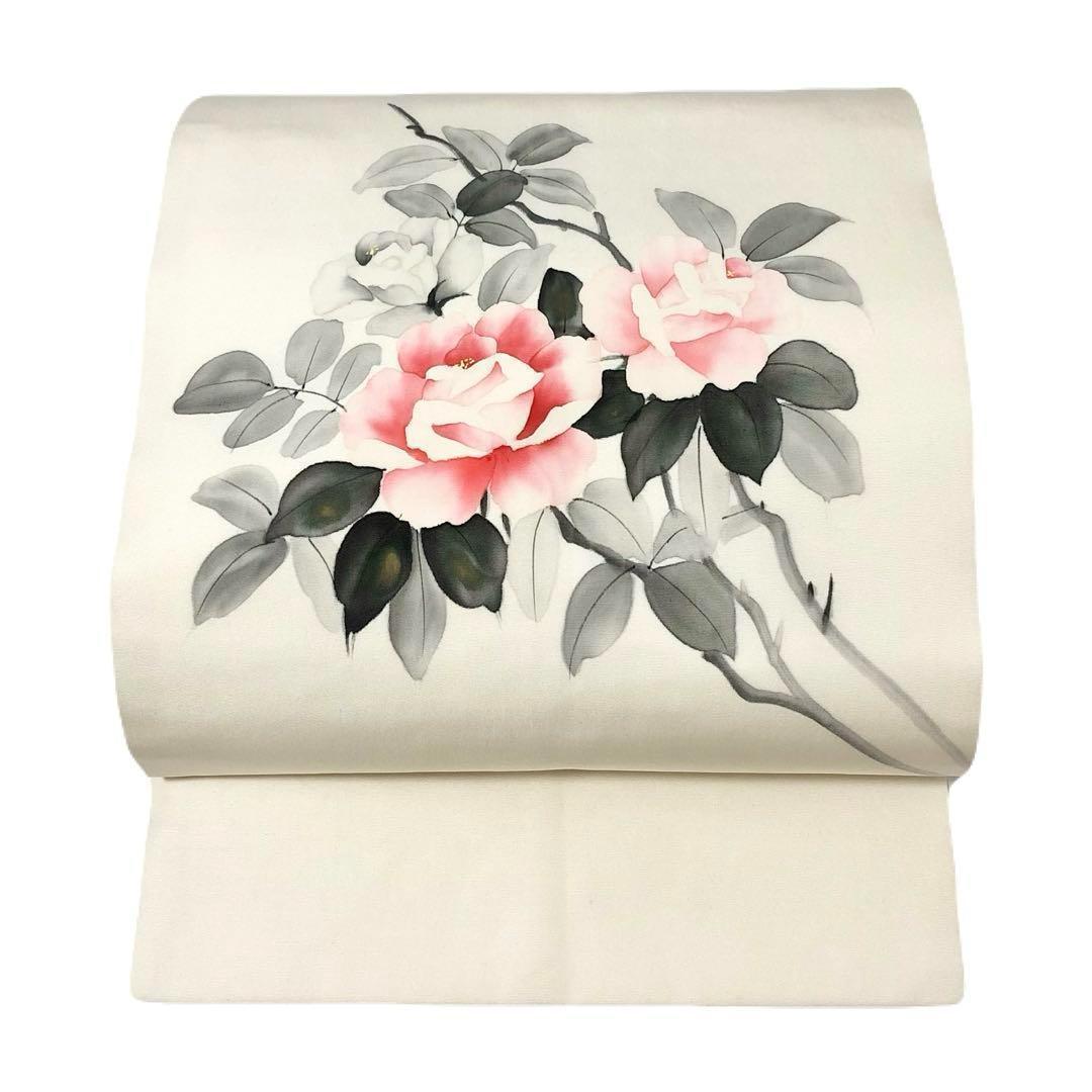 MO-3004 名古屋帯 塩瀬 作家物 手描き 花模様 真珠色 - メルカリ