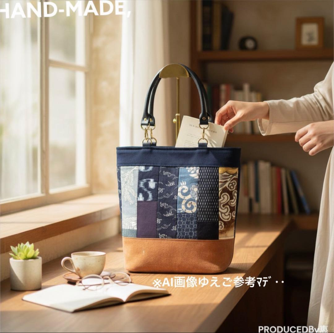 酒袋×古布藍染】希少！お多福＆パッチワーク60” 楕円底トートバッグ
