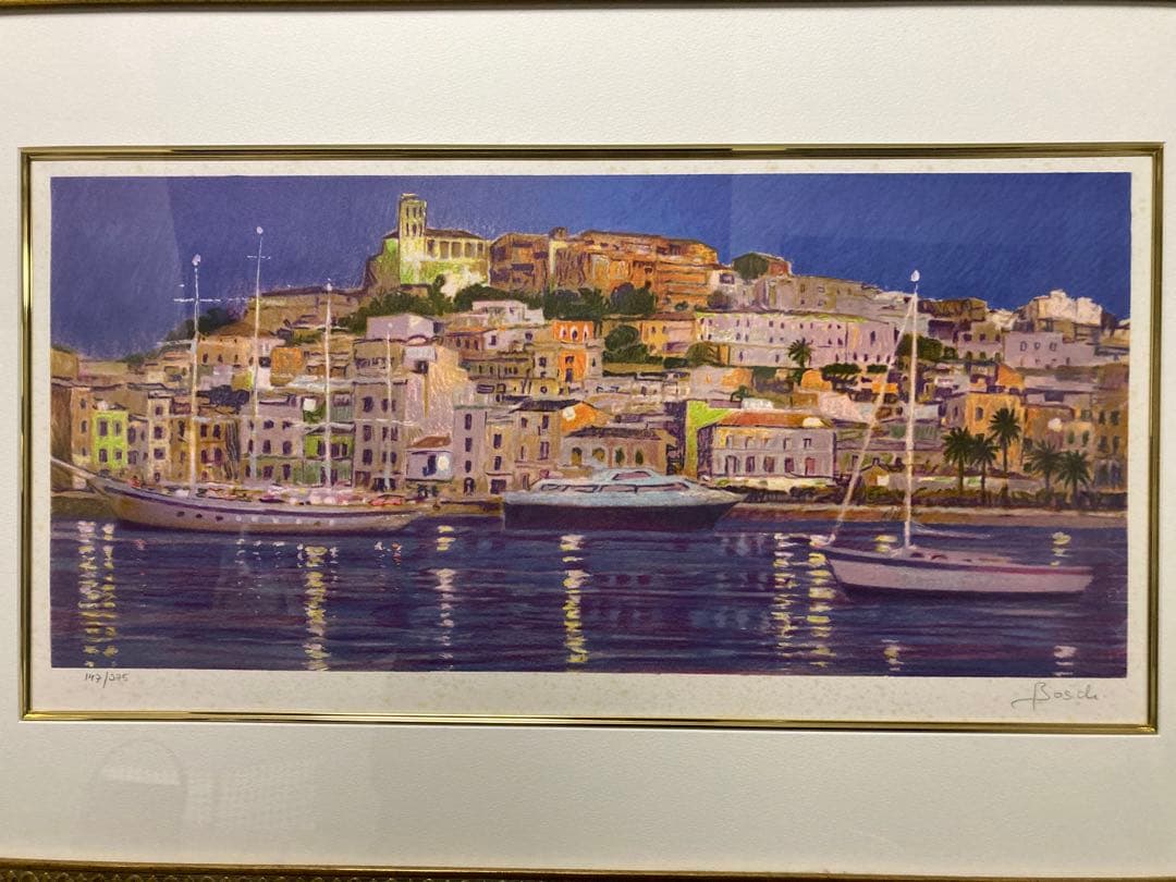 リトグラフ 夜の港の風景画【F・ボッシュ】 スペイン人気画家 額装 箱