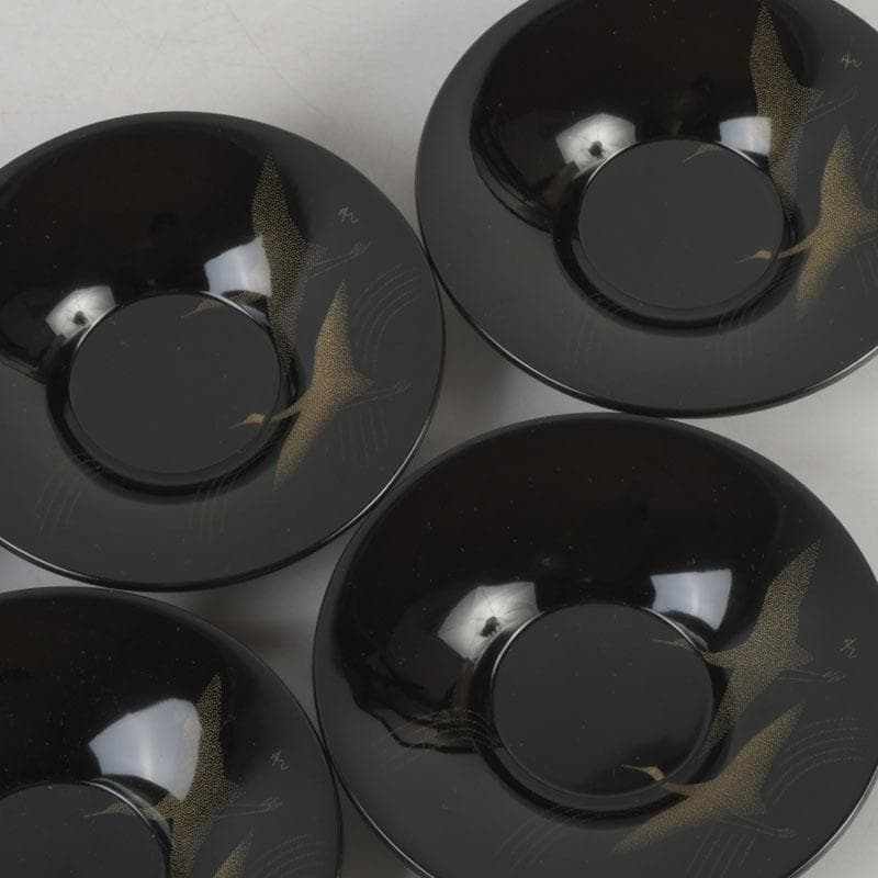 和食器　輪島塗　文化功労者　三谷吾一作　千羽鶴沈金　茶托　五客　共箱　V9771