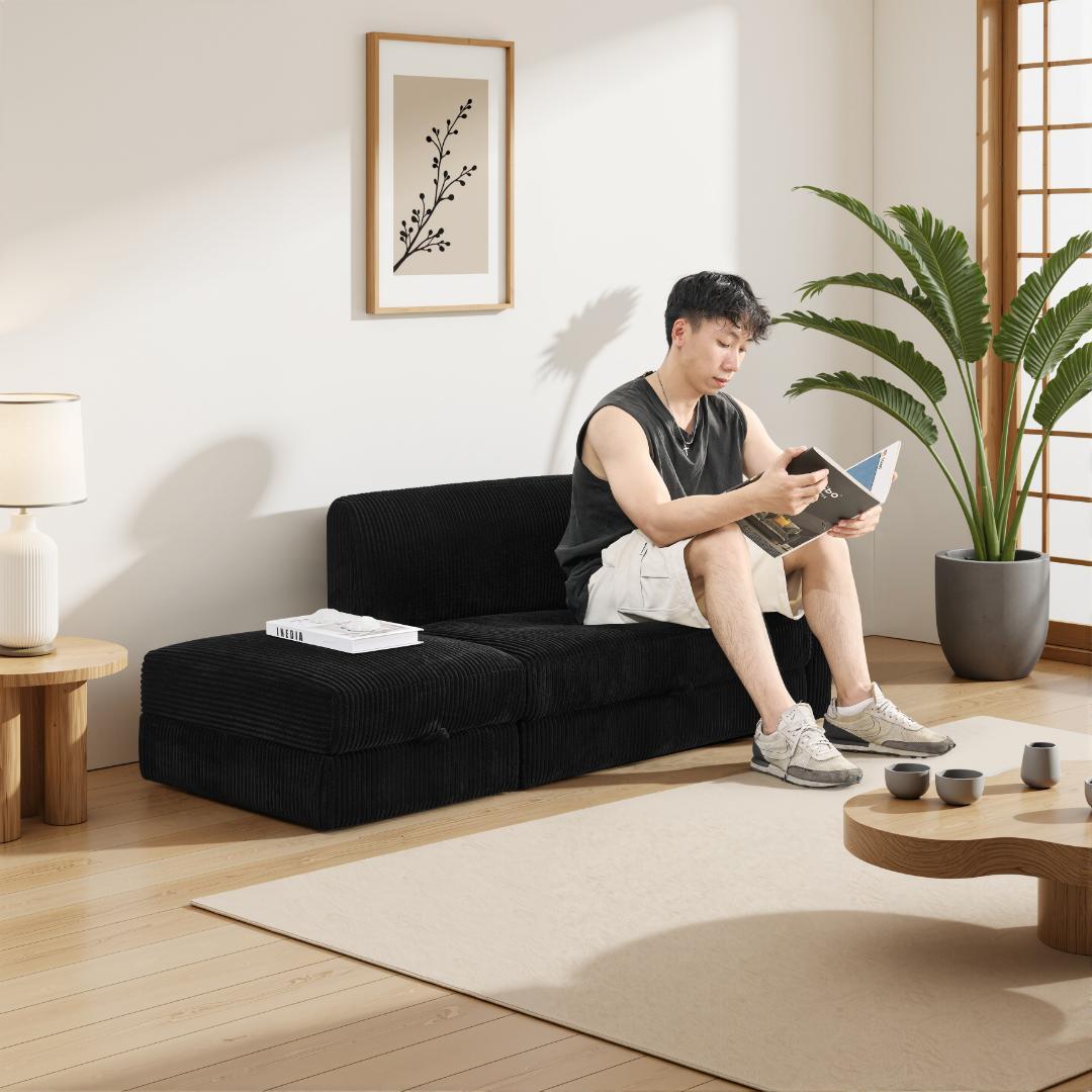 ソファ 2人掛け 収納付き オットマン付き ファブリック 肘掛け 木脚外し可能