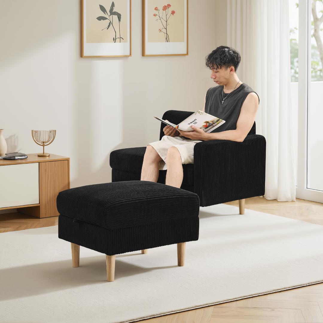 ソファ 2人掛け 収納付き オットマン付き ファブリック 肘掛け 木脚外し可能