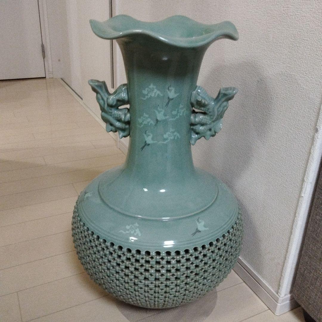 高麗青磁 網目 花瓶 壺 骨董品 海律作 貫入 雲鶴文 網目透かし彫り 双
