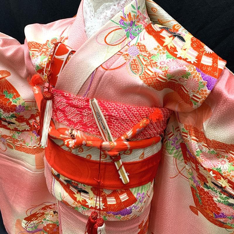 501ag29□七五三 七歳 女児 着物&袋帯 金彩 花扇 ピンク□美品