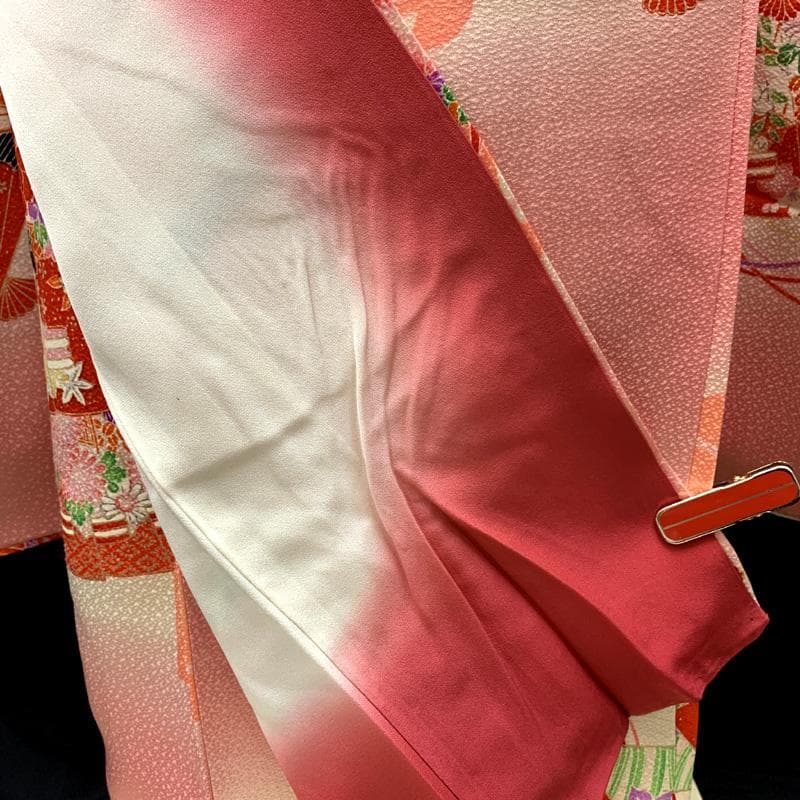 501ag29□七五三 七歳 女児 着物&袋帯 金彩 花扇 ピンク□美品