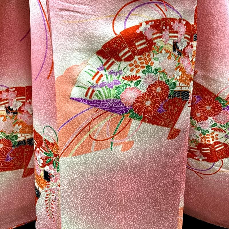 501ag29□七五三 七歳 女児 着物&袋帯 金彩 花扇 ピンク□美品