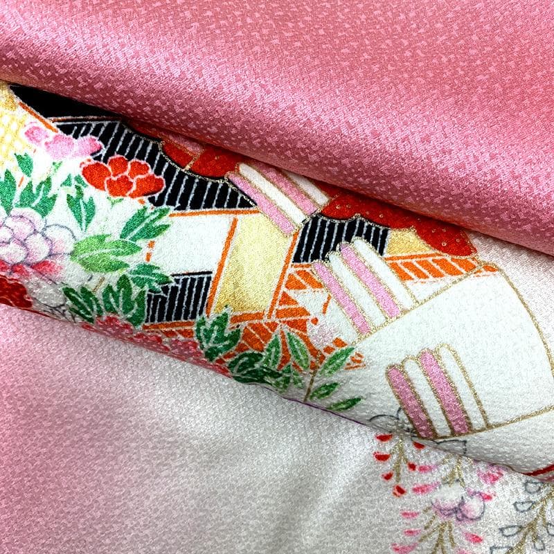 501ag29□七五三 七歳 女児 着物&袋帯 金彩 花扇 ピンク□美品