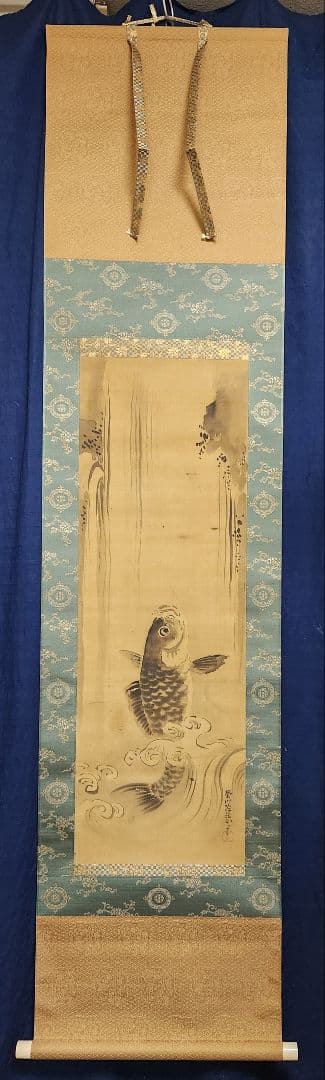 鯉の滝登り図】狩野栄川院典信 掛け軸 2643 狩野派江戸古画 昇龍 肉筆