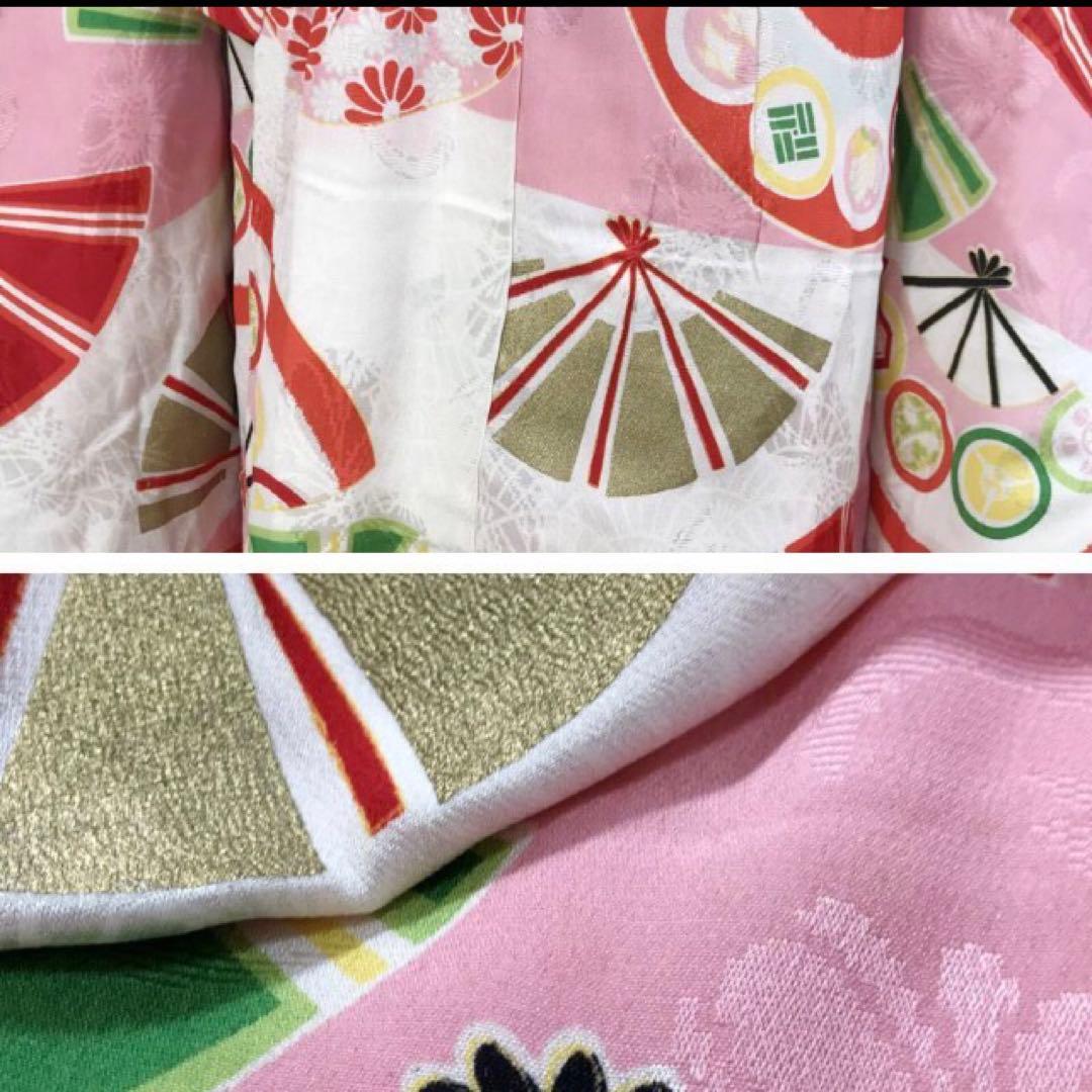 アンティーク着物　扇　古典　ピンク系　きもの帯他小物付き