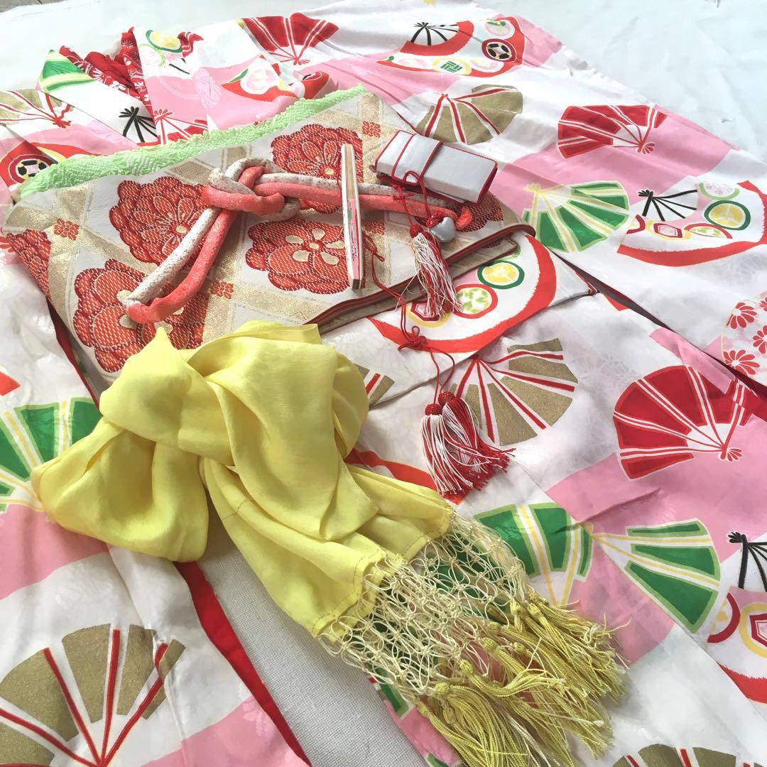 アンティーク着物　扇　古典　ピンク系　きもの帯他小物付き