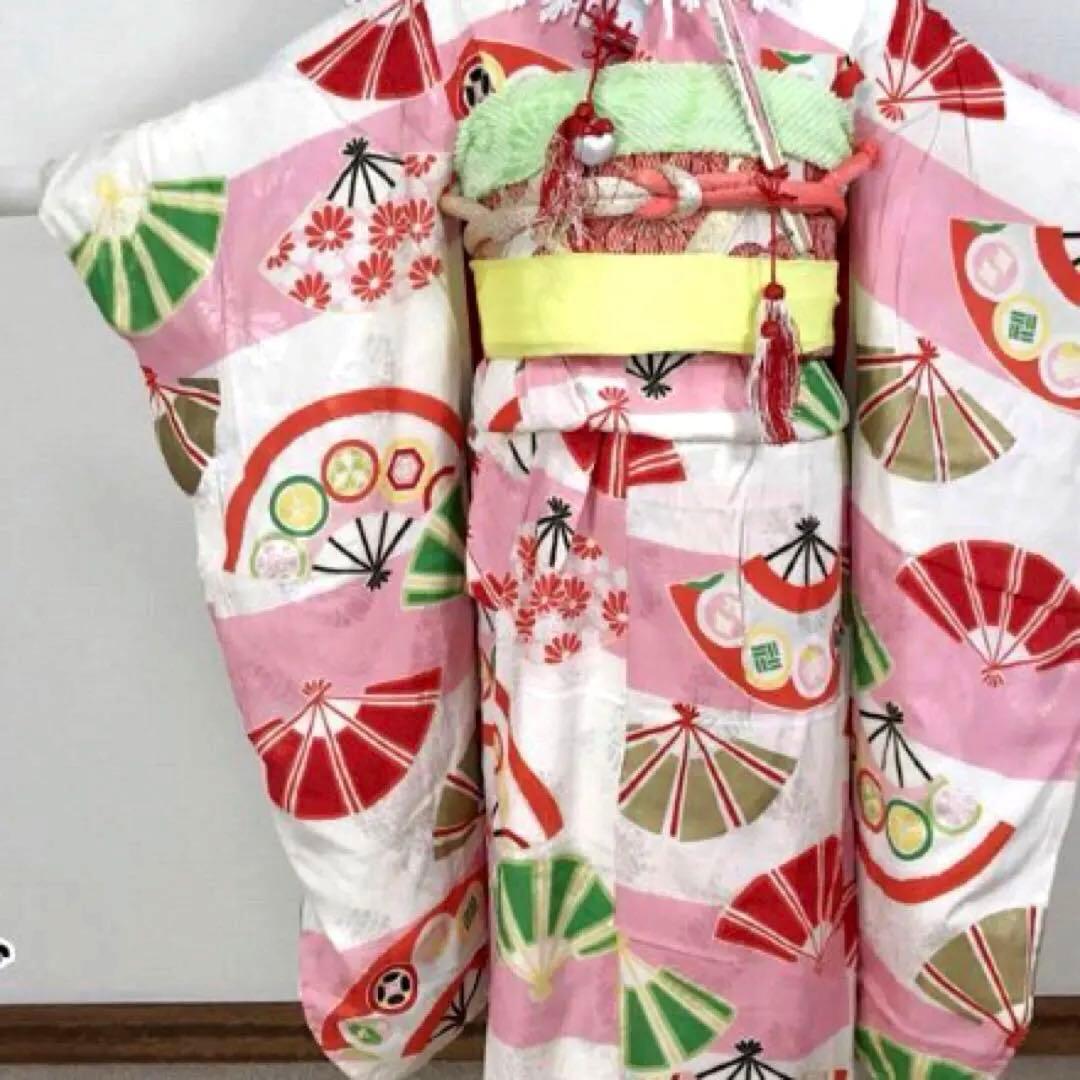 アンティーク着物　扇　古典　ピンク系　きもの帯他小物付き