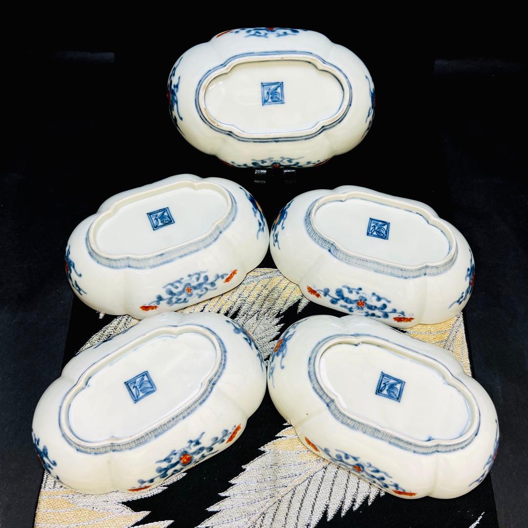 希少酒井田柿右衛門作　渦福角福銘　染錦水面花絵拓榴文　高台木瓜型皿　5枚本物保証