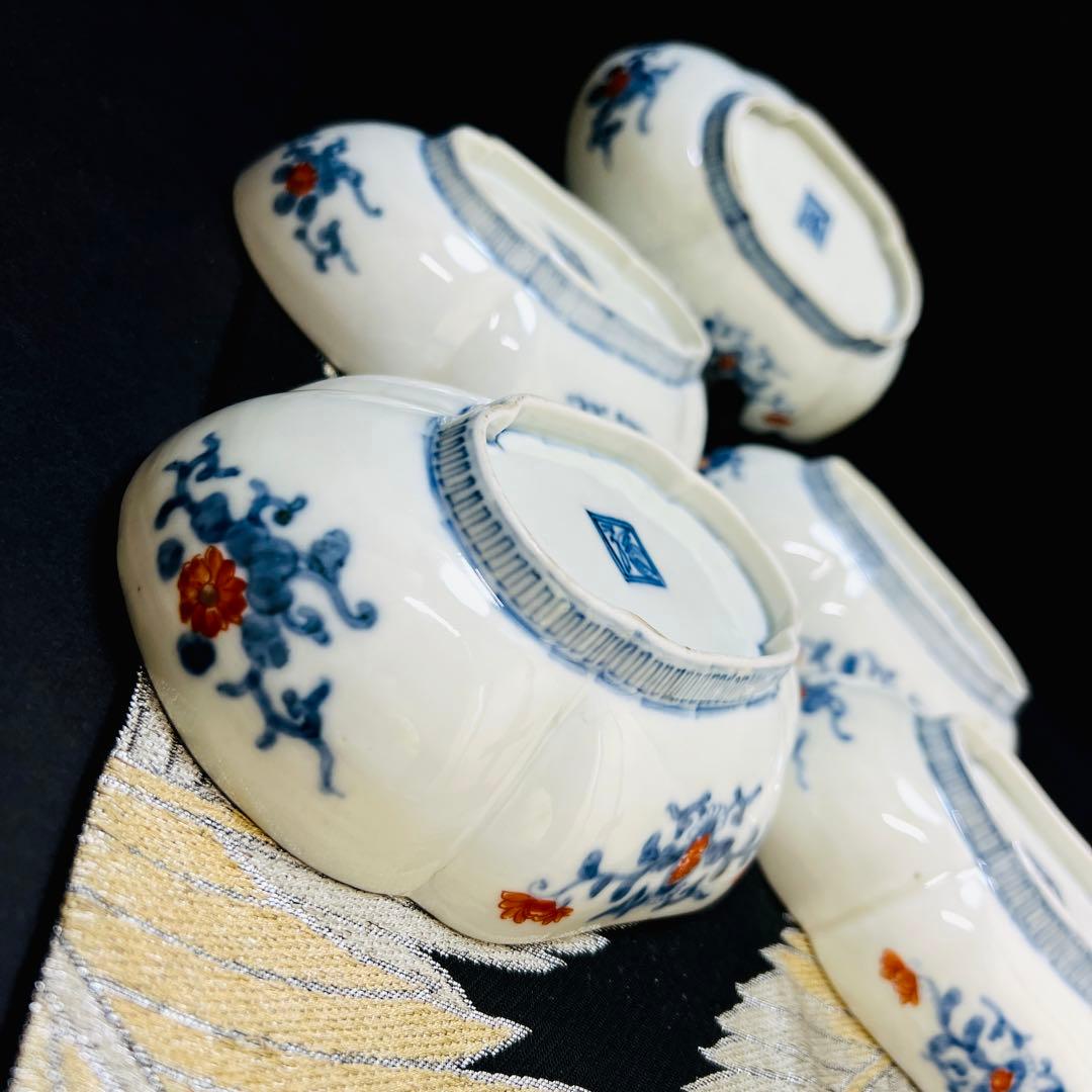 希少酒井田柿右衛門作　渦福角福銘　染錦水面花絵拓榴文　高台木瓜型皿　5枚本物保証