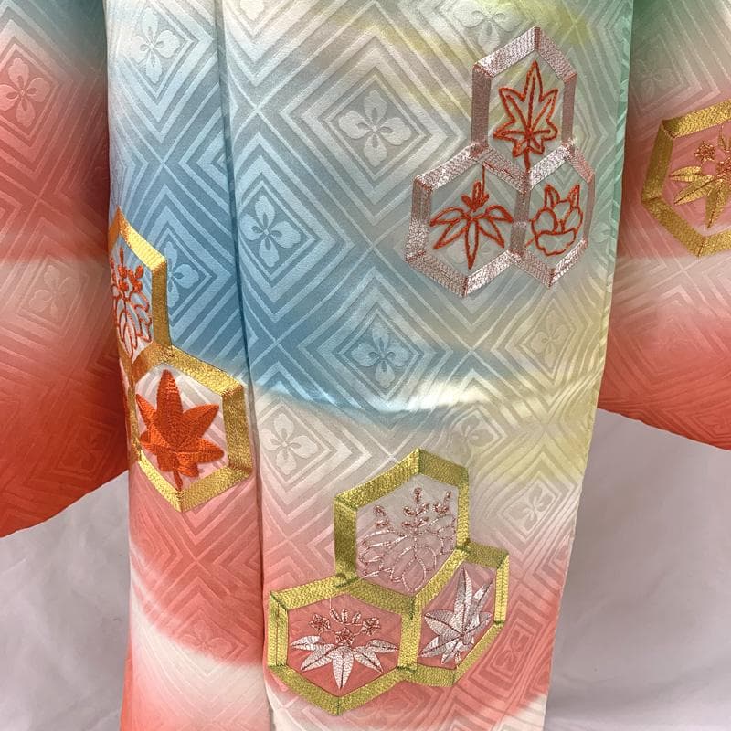 505ag60□七五三 七歳 女児 着物&袋帯 金駒刺繍 亀甲文□状態良好