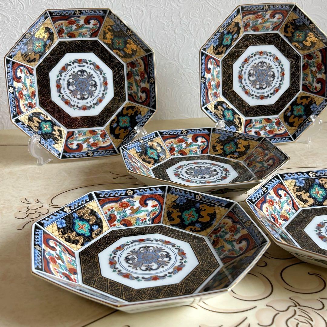 第一陶器　翔山窯　金襴手　八角皿揃　5枚セット　中皿　和皿　金彩古伊万里　色絵