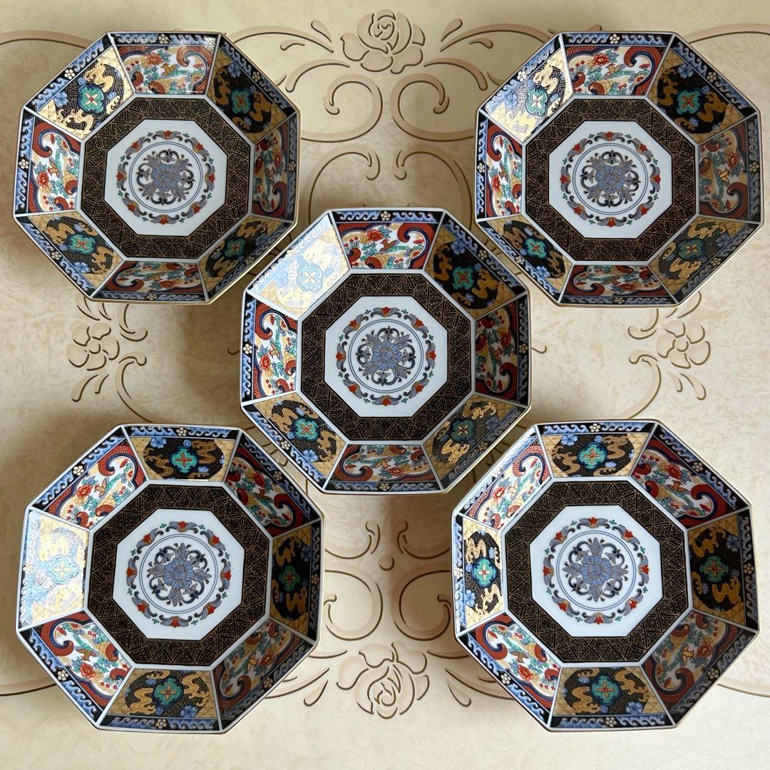 第一陶器　翔山窯　金襴手　八角皿揃　5枚セット　中皿　和皿　金彩古伊万里　色絵