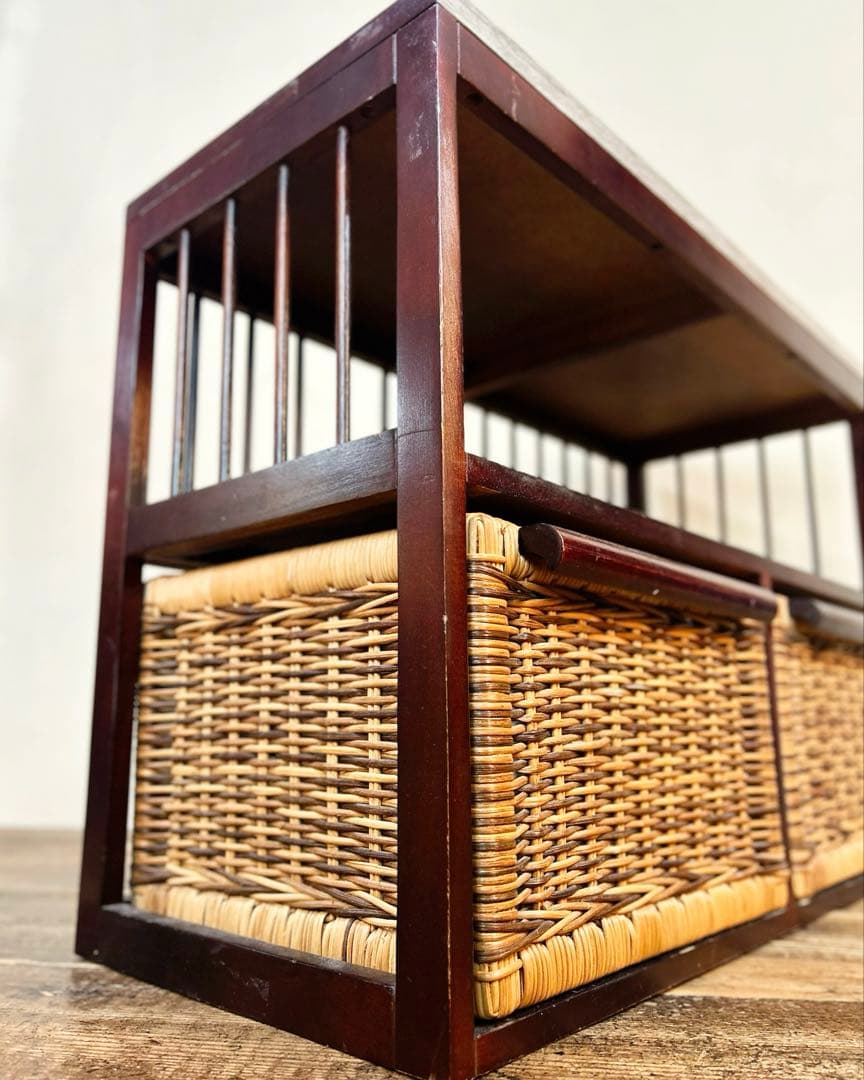 木製収納棚 籐バスケット2点付き ローボード 古家具 - メルカリ