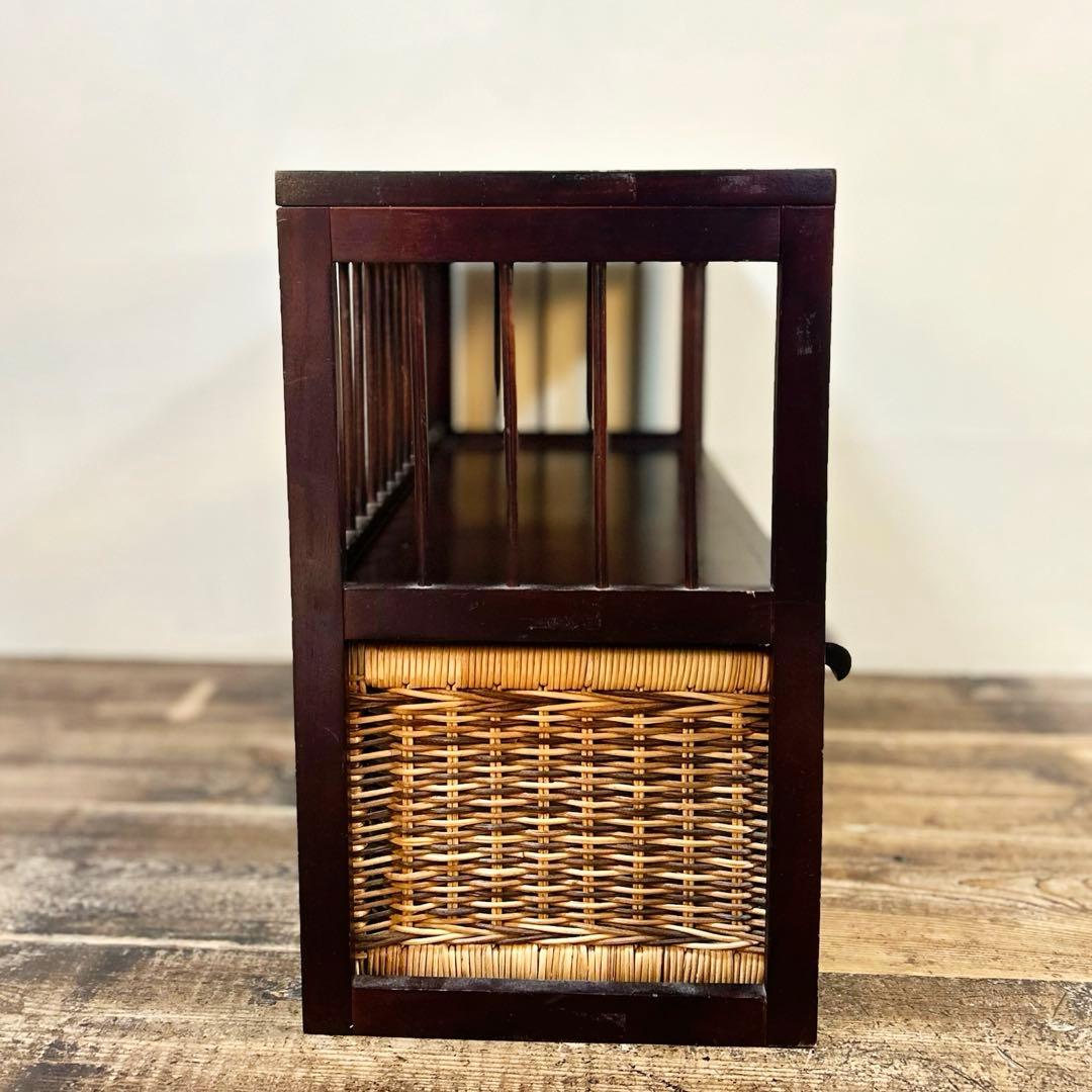 木製収納棚 籐バスケット2点付き ローボード 古家具 - メルカリ 木製
