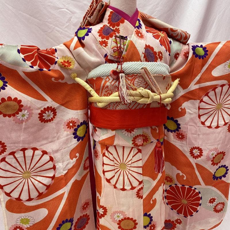 504ag46,帯揚げ,帯締め◎七五三 七歳 アンティーク 総柄 着物&丸帯