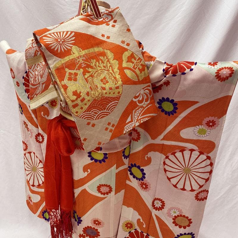 504ag46,帯揚げ,帯締め◎七五三 七歳 アンティーク 総柄 着物&丸帯