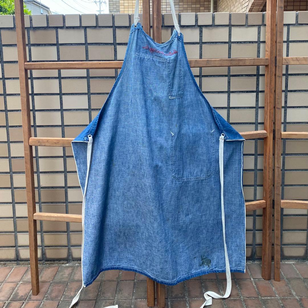 デニムエプロン★ロング耳付き刺繍有り★1940'〜ビンテージUSAアメリカ雑貨