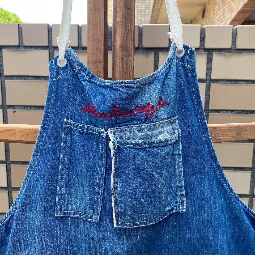 デニムエプロン★ロング耳付き刺繍有り★1940'〜ビンテージUSAアメリカ雑貨
