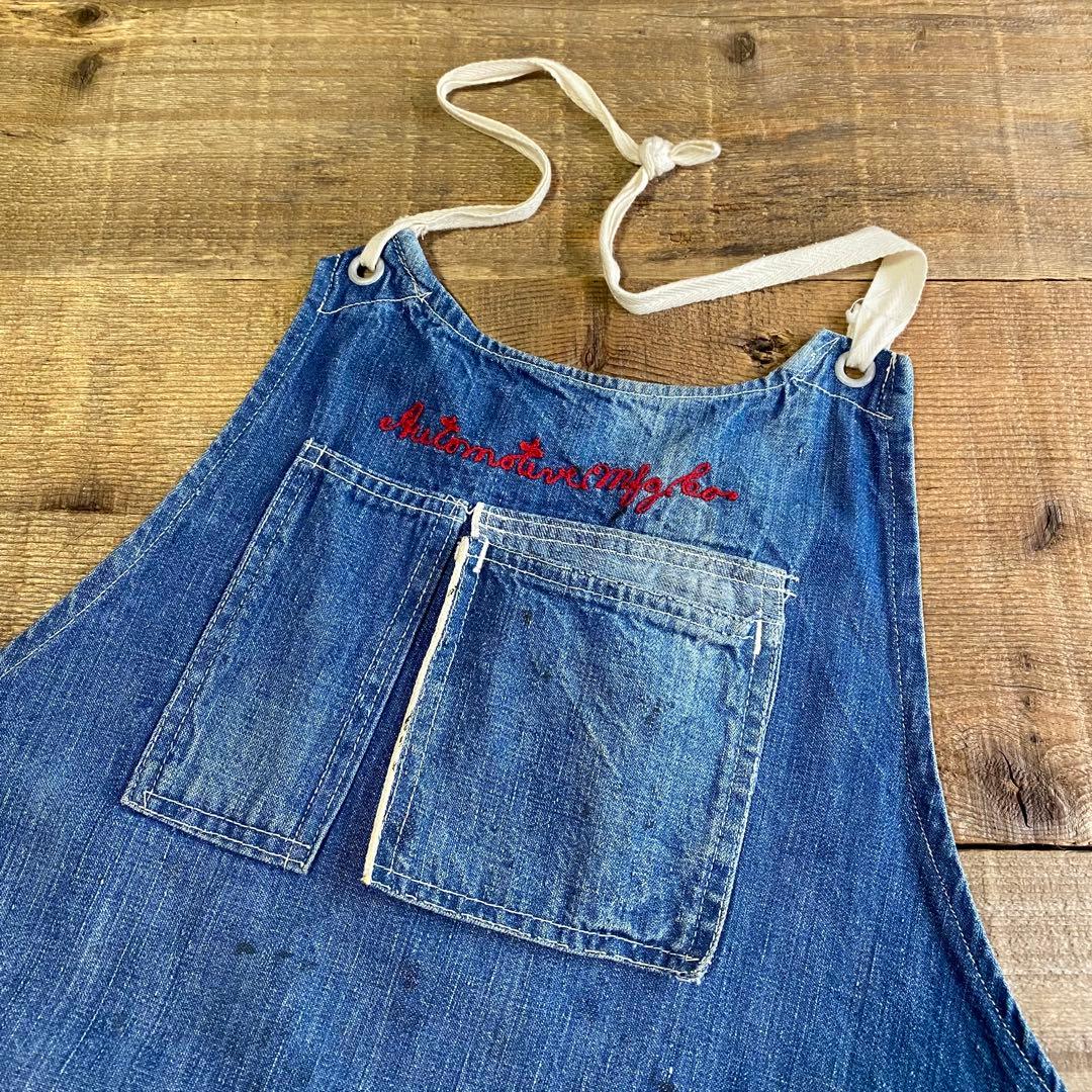 デニムエプロン★ロング耳付き刺繍有り★1940'〜ビンテージUSAアメリカ雑貨