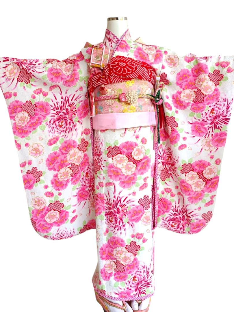 JAPANSTYLE白地にピンクの花模様☆七五三着物帯フルセット