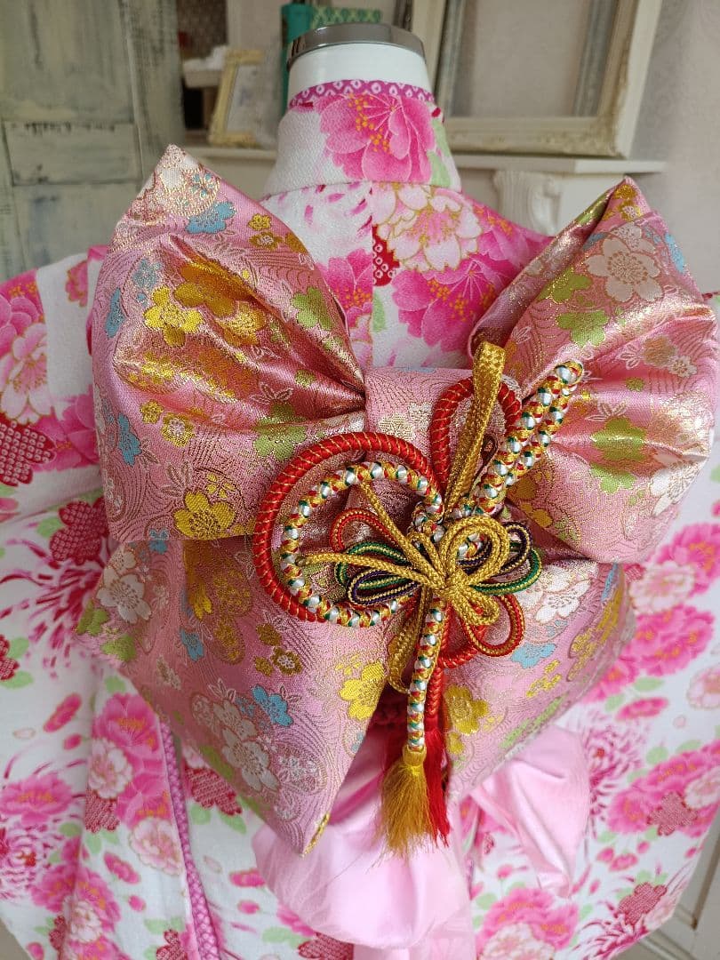 JAPANSTYLE白地にピンクの花模様☆七五三着物帯フルセット