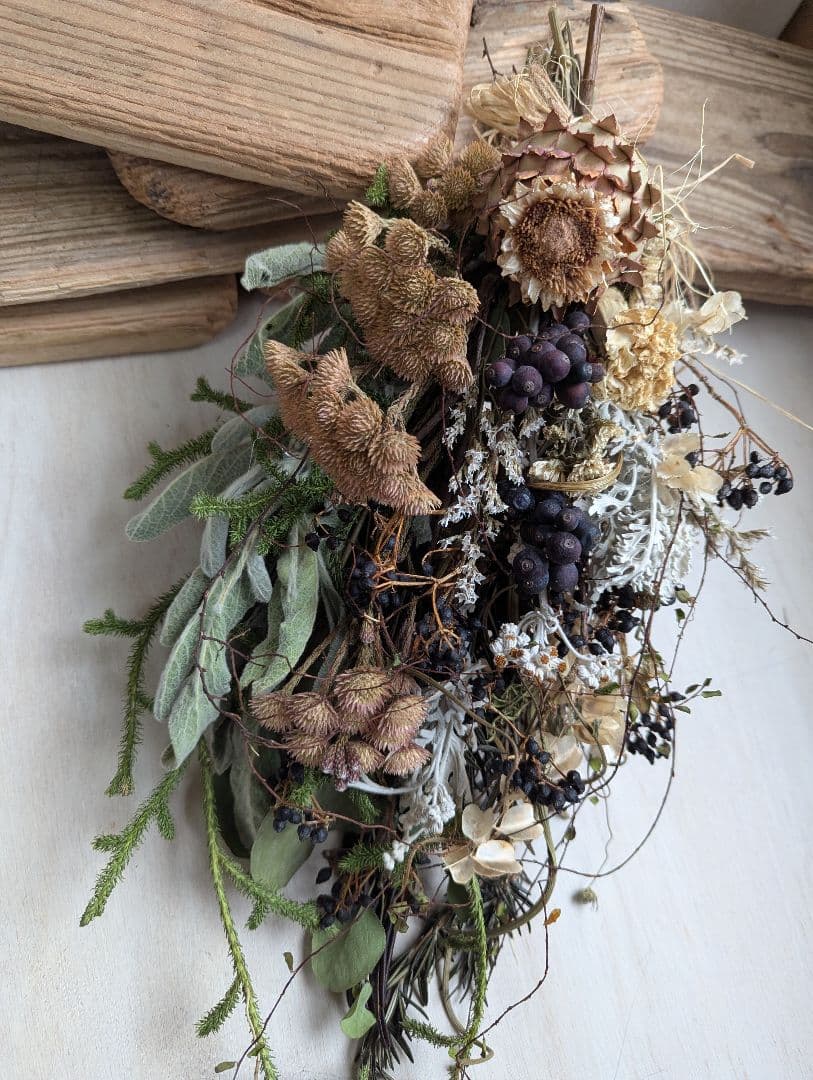 専用＊迎春2026＊アーティチョーク&ティヌス　水引鶴付スワッグ(ドライ)