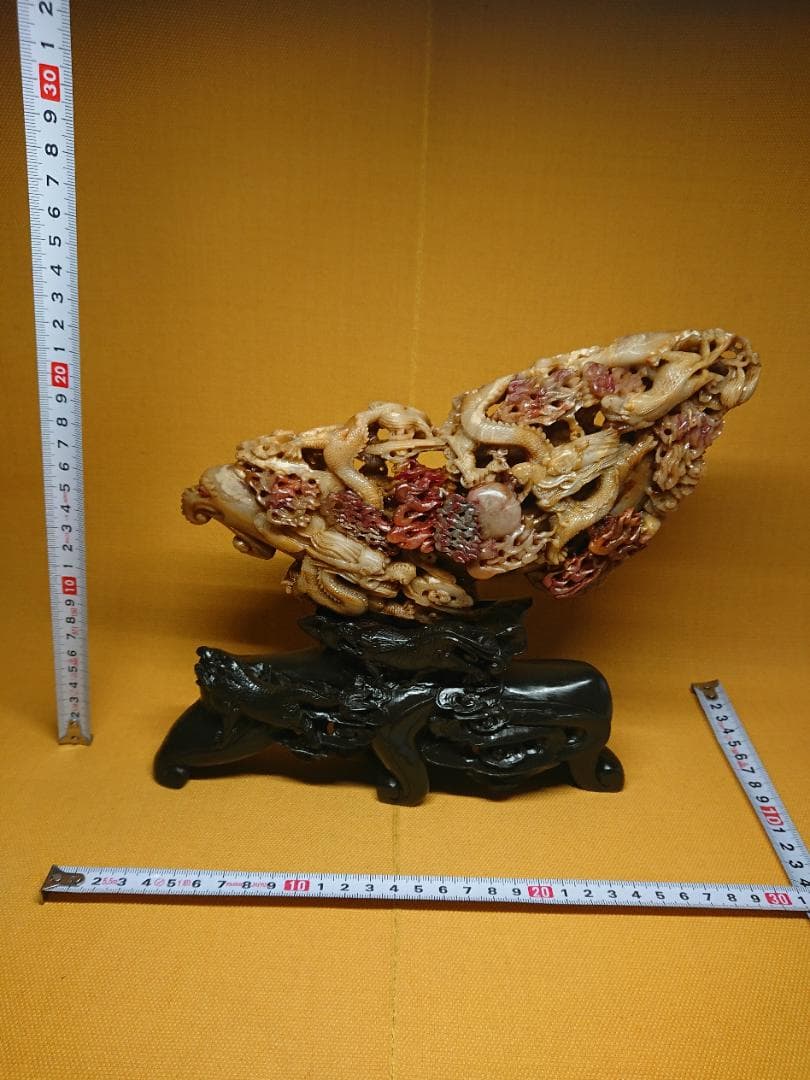 美品　天然石　彫刻　龍　鳳凰　麒麟　置物　インテリア　工芸品　美術品　A3456