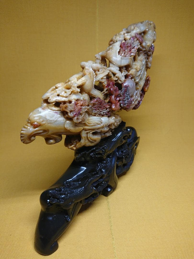 美品　天然石　彫刻　龍　鳳凰　麒麟　置物　インテリア　工芸品　美術品　A3456